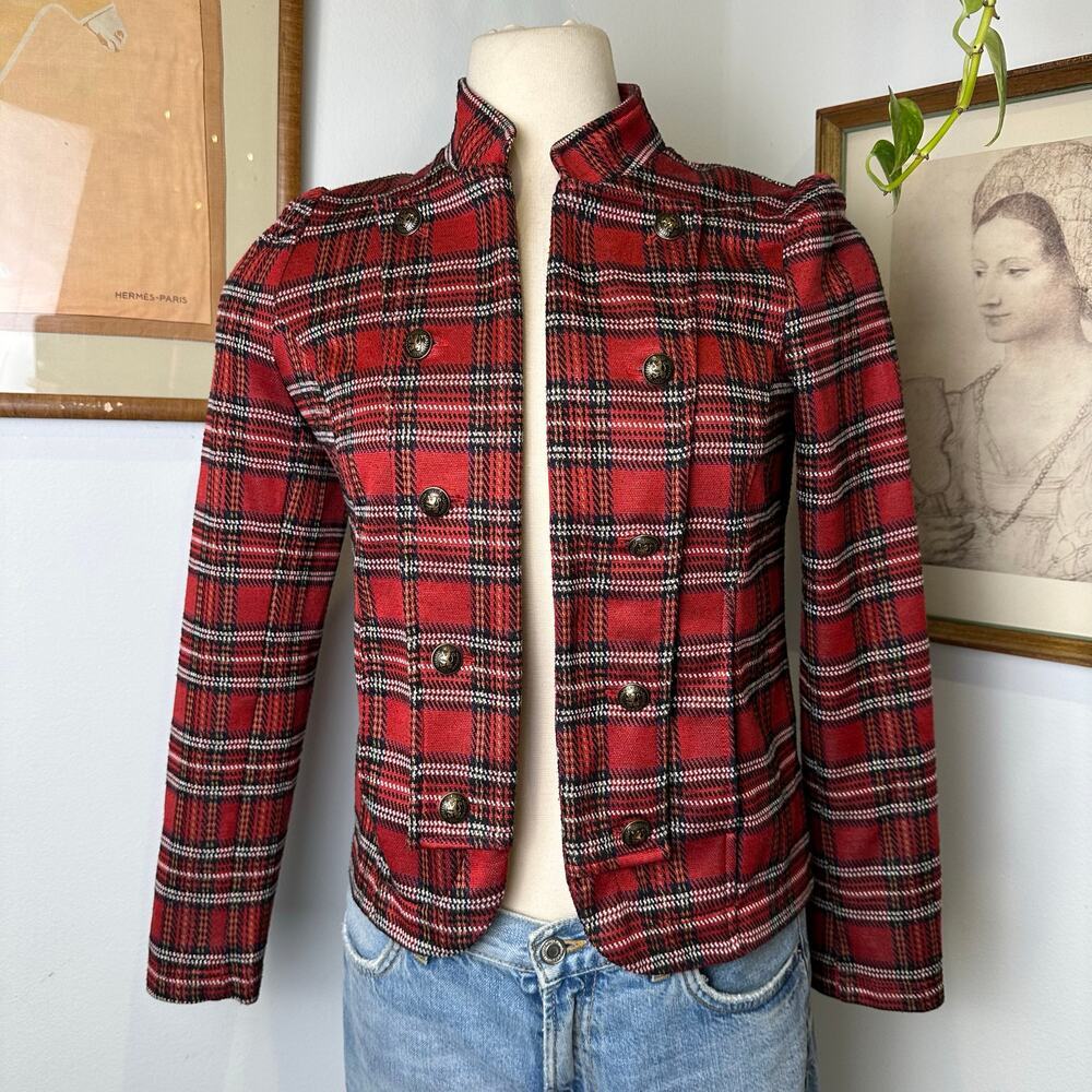 Stylish Red Plaid Double-Breasted Jacket with High Collar - Trendy Women’s Wear